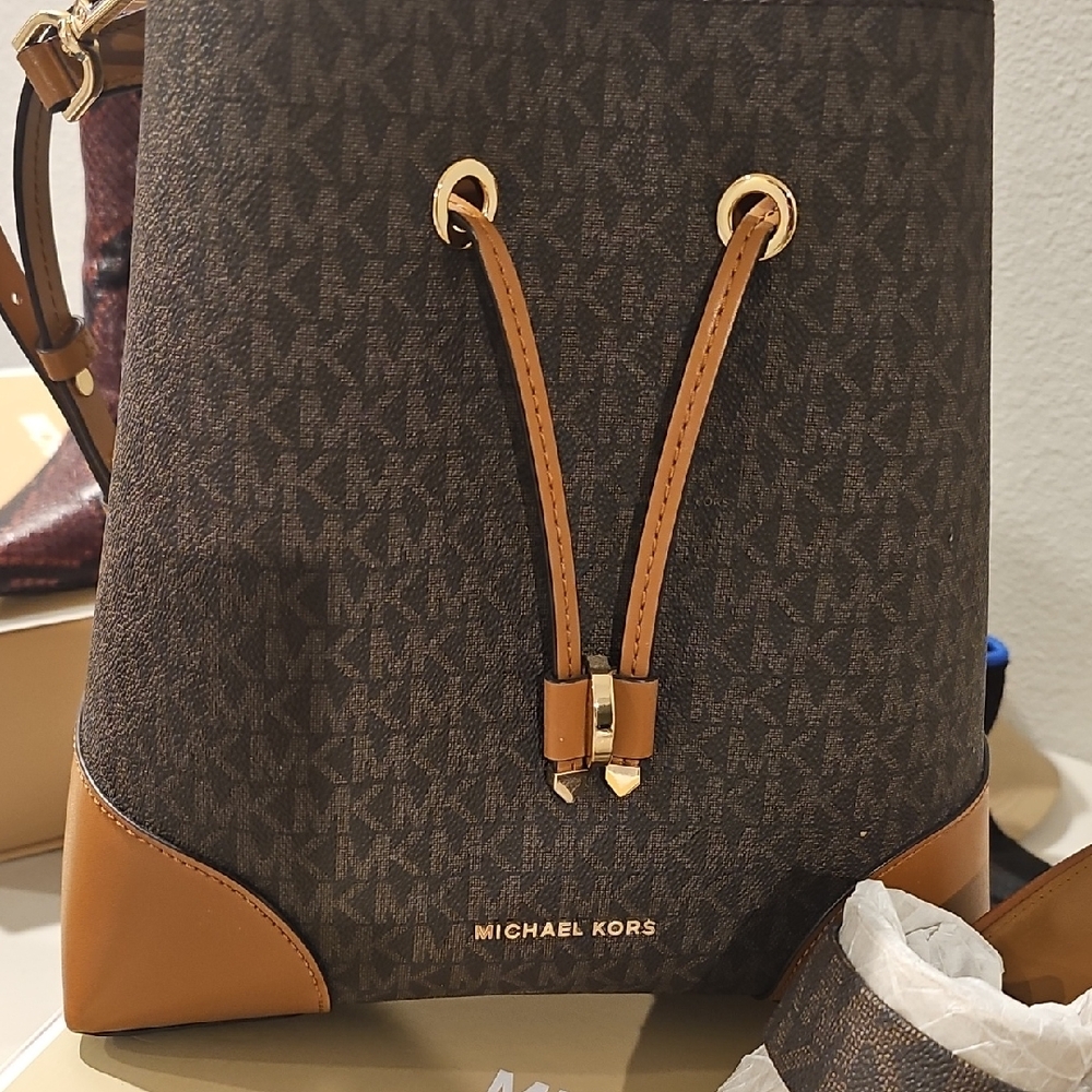 Michael Kors Brown and Tan Monogram Shoulder Bag